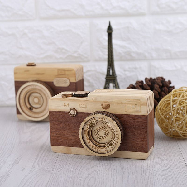 Wooden Retro Camera Music Box